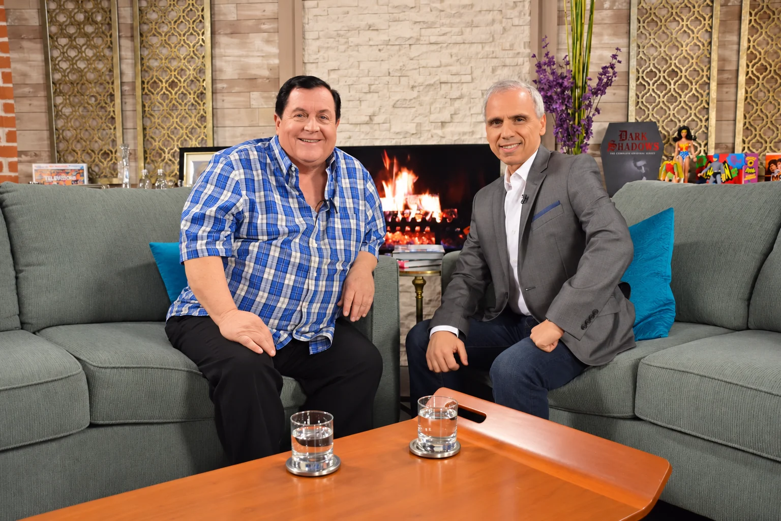 Burt Ward and Herbie J Pilato on the set of Then Again with Herbie J Pilato