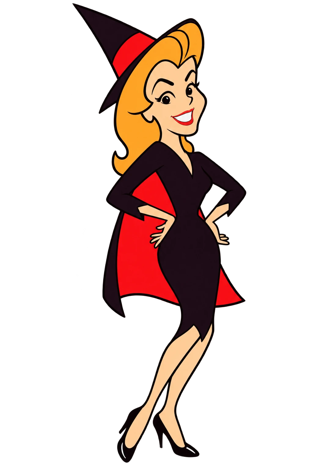 Standing animated Samantha Stephens in her black witch dress and pointed hat