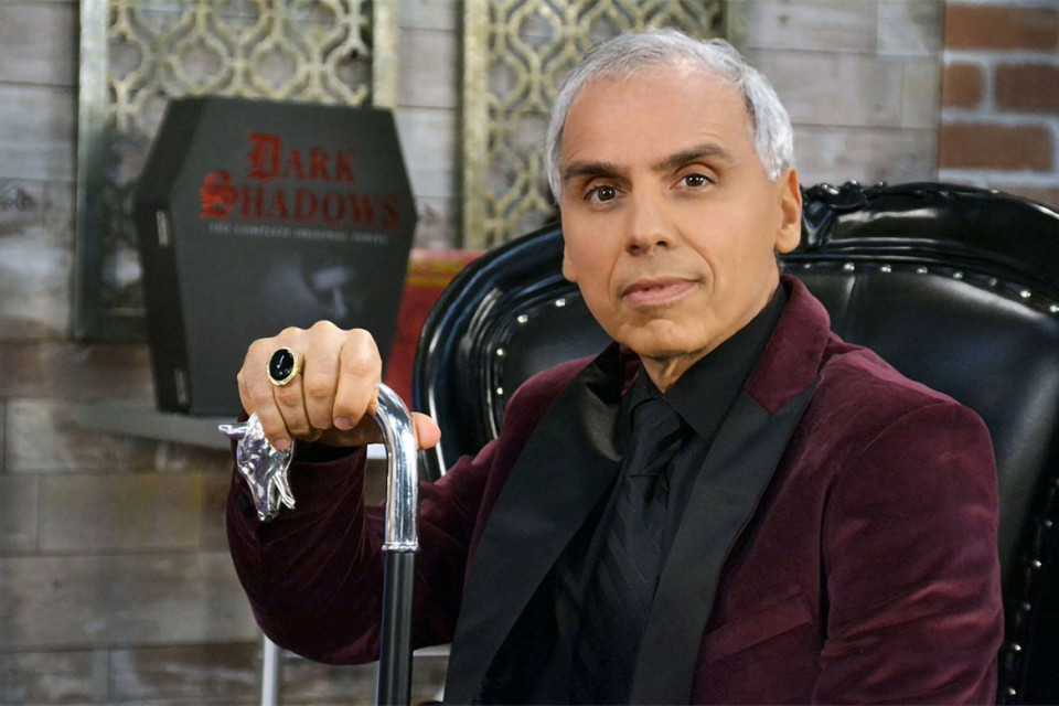 Herbie J Pilato seated on a Dark Shadows set
