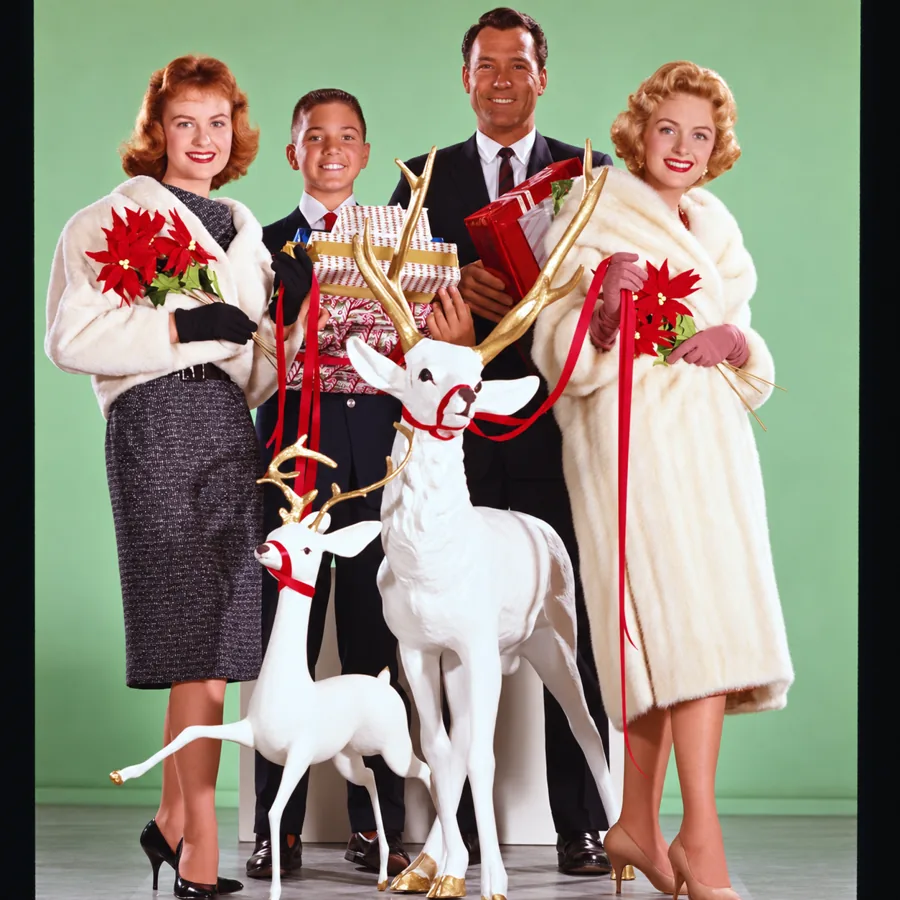 The Donna Reed Show cast with Christmas gifts and decorative deer