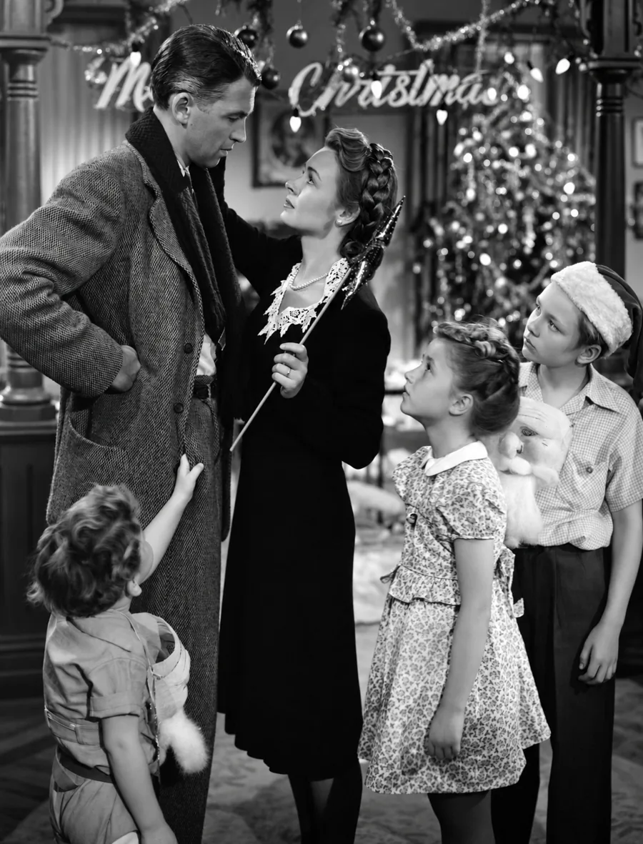 Black-and-white Christmas scene from It’s a Wonderful Life
