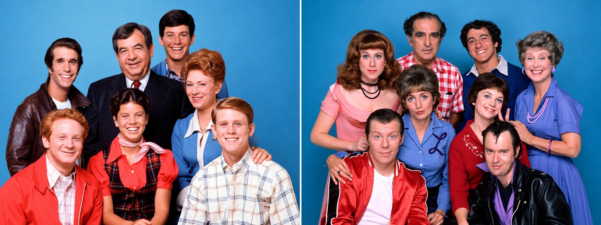 The casts of Happy Days, on the left, and Laverne & Shirley, on the right