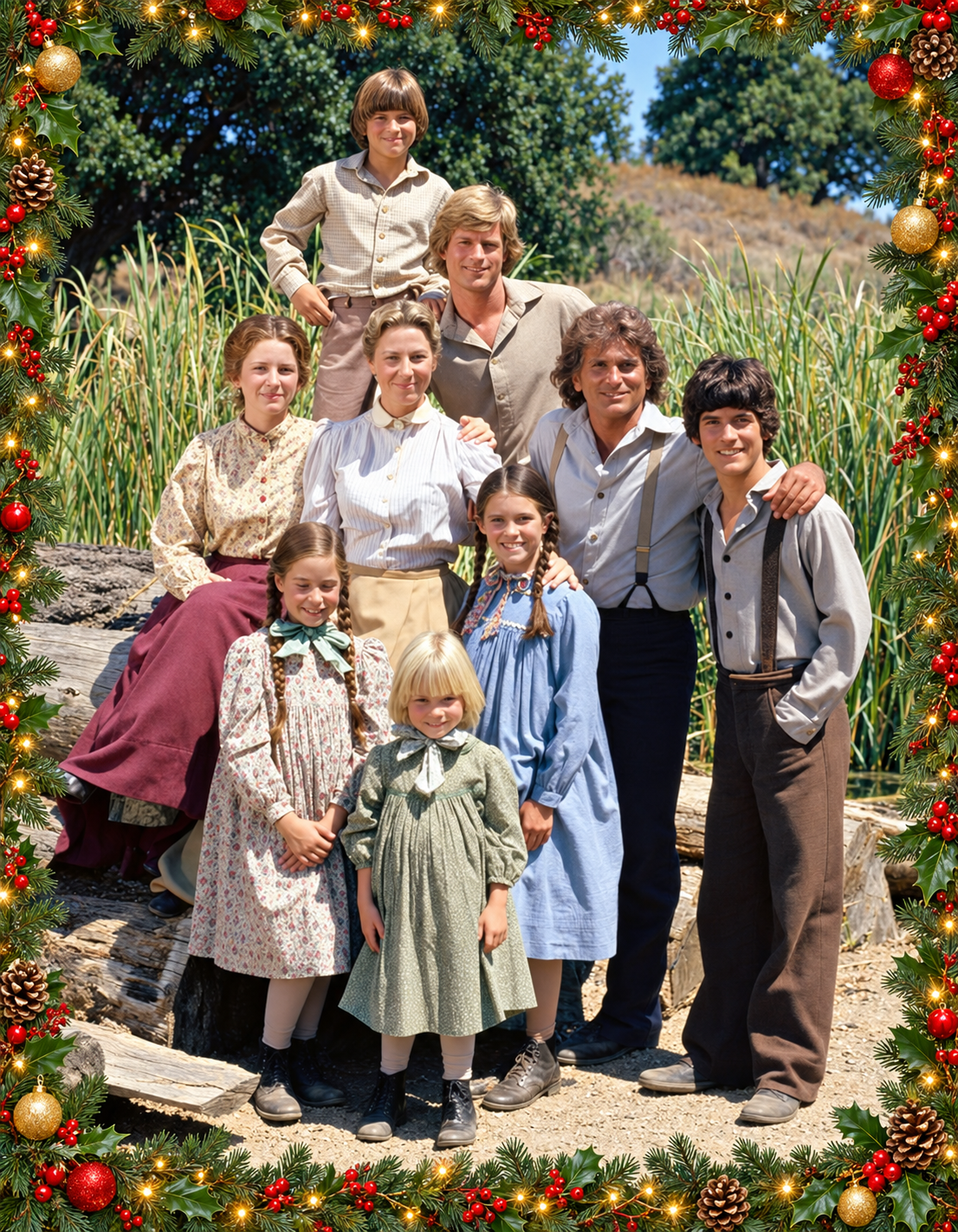 Little House on the Prairie cast photo framed with a Christmas motif