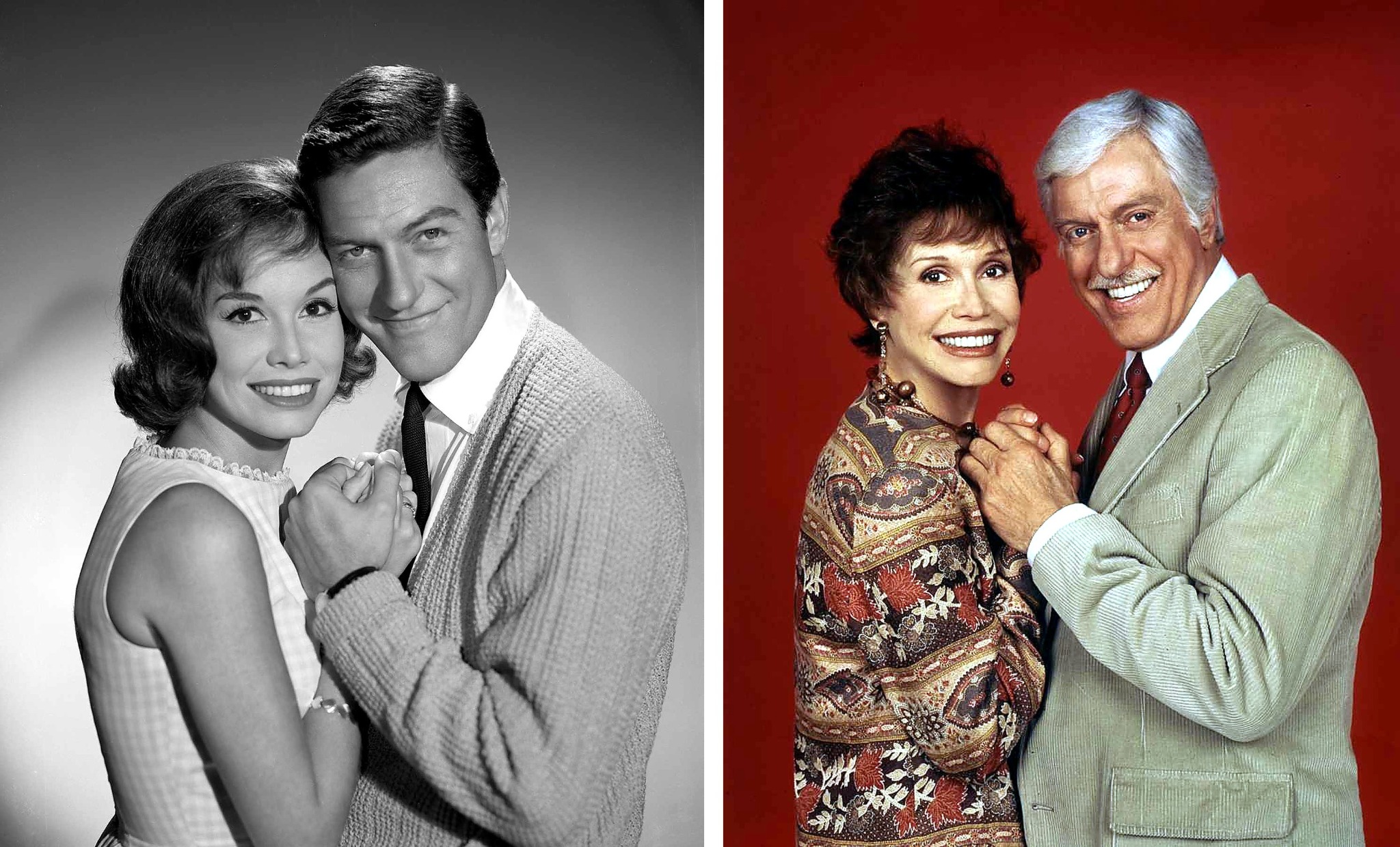Mary Tyler Moore and Dick Van Dyke together in early and later portraits