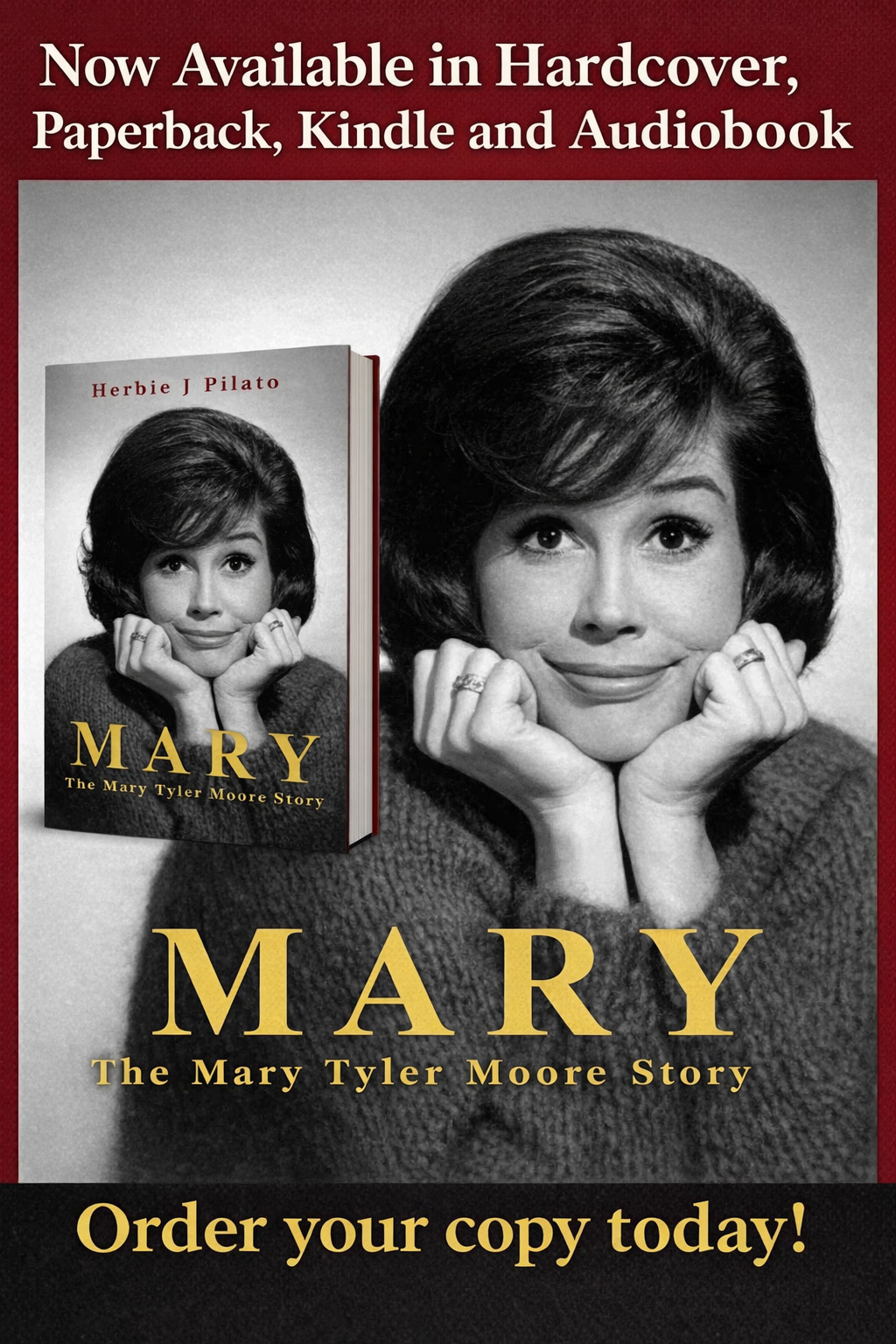 Mary: The Mary Tyler Moore Story promotional image showing the book in hardcover, paperback, Kindle, and audiobook editions