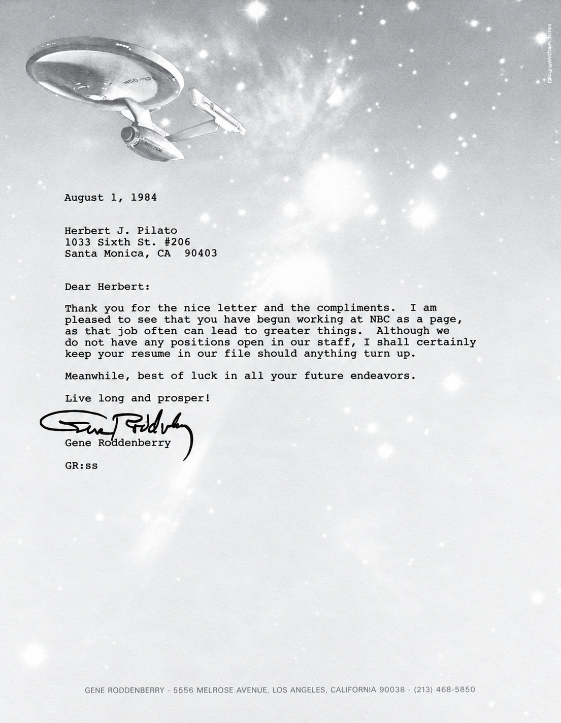 Letter from Gene Roddenberry to Herbert J Pilato, August 1, 1984